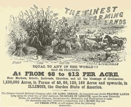 Handbill advertising land sales in the unpopulated areas of eastern Illinois.  Courtesy Abraham Lincoln Presidential Library.
